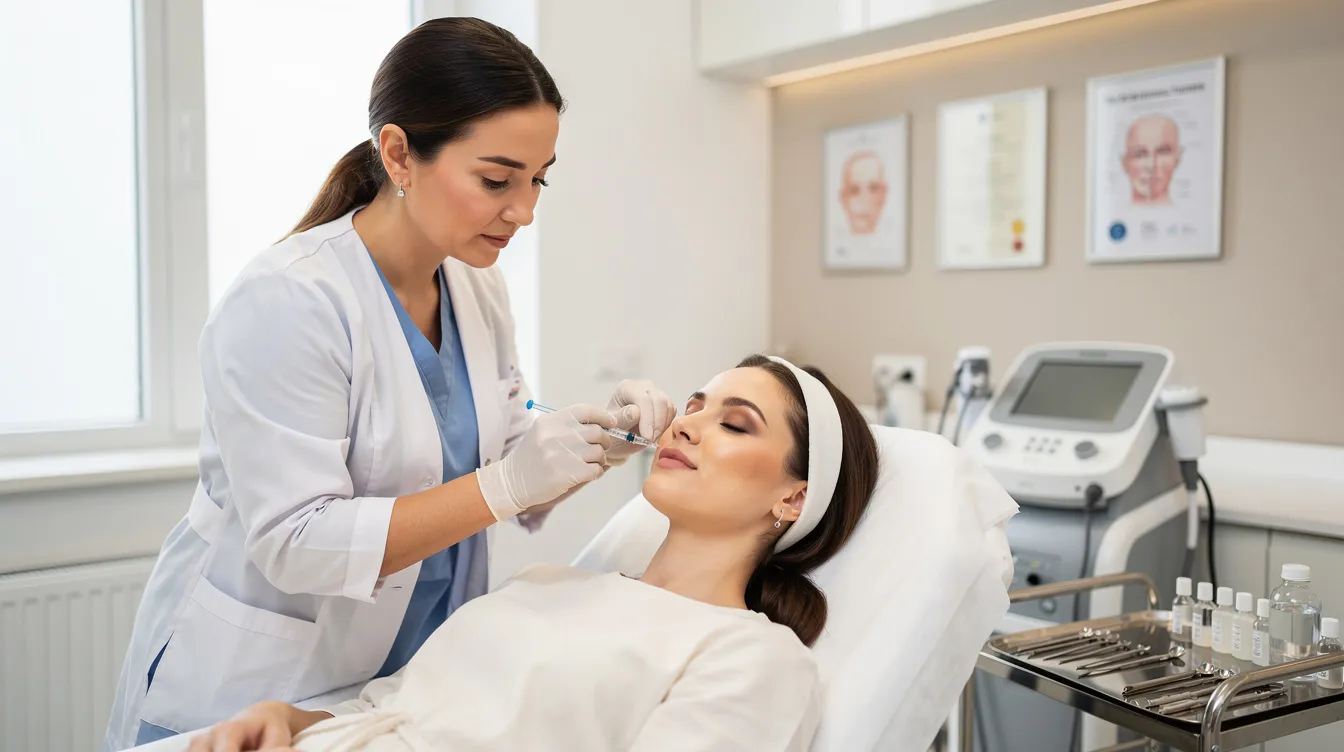 Un profesional de medicina estética está realizando un procedimiento de relleno de labios con ácido hialurónico a una paciente en una clínica, enfocándose en mejorar el volumen y la forma de sus labios para lograr un aspecto natural y armonioso. La paciente sonríe mientras el especialista aplica la técnica, mostrando la atención a sus necesidades y expectativas.