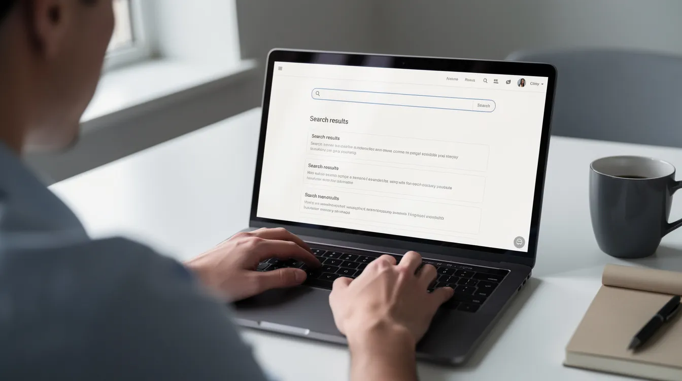 Na obrazku widoczna jest osoba pisząca zapytanie w wyszukiwarce Google na laptopie, a na ekranie wyświetlają się jasne wyniki wyszukiwania. W tle można dostrzec elementy związane z reklamami Google Ads oraz kampaniami reklamowymi, co sugeruje poszukiwanie informacji o skuteczności kampanii w sieci reklamowej Google.