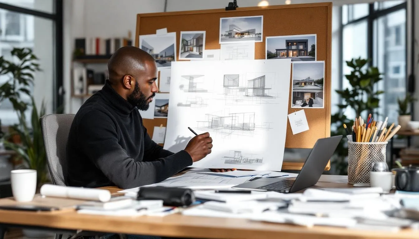 An architect is seen sketching design concepts at a cluttered workspace, surrounded by project materials and inspiration images that reflect creativity and motivation. This environment fosters a growth mindset, encouraging the exploration of new ideas and strategies for success in the architecture career.