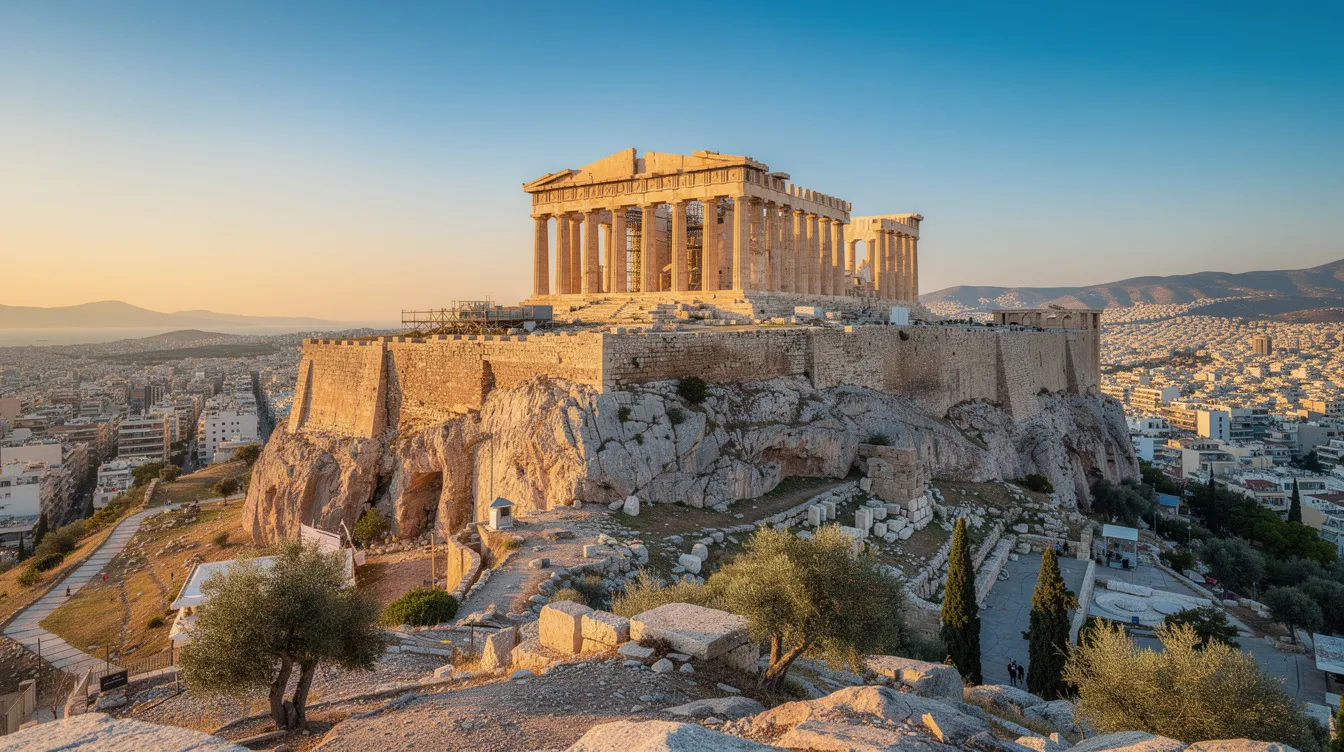 A imagem mostra a Acrópole de Atenas, um importante sítio arqueológico e patrimônio mundial, com suas impressionantes estruturas, como o Partenon, destacando-se sobre a cidade alta de Atenas. O cenário é envolto por uma atmosfera histórica, refletindo a rica herança cultural da Grécia.