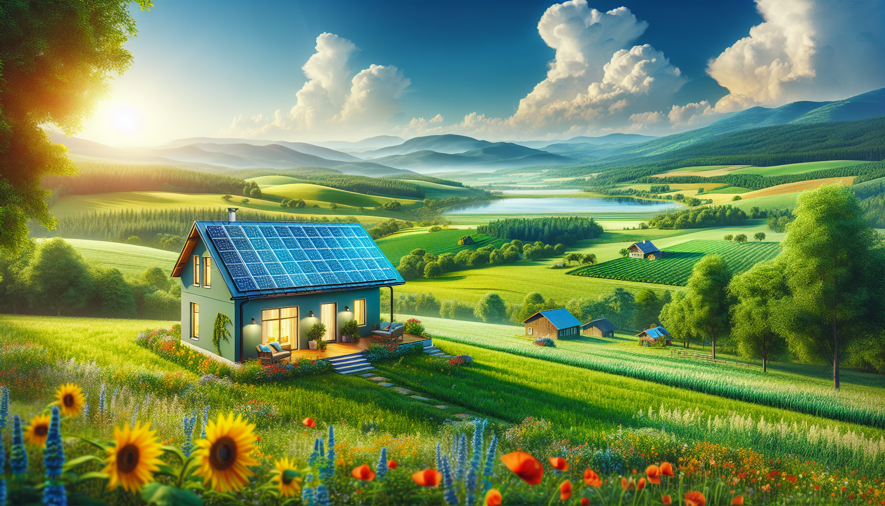 A creative representation of Sun Source Energy's off grid solutions with solar panels in a scenic environment.