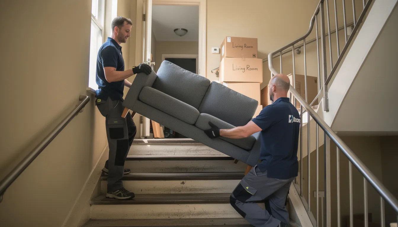 Two workers in uniforms carefully carry a bulky couch down a flight of stairs during an apartment cleanout, showcasing the effort involved in junk removal and the hassle-free services provided by property managers. Their teamwork highlights the importance of efficient cleanout services for preparing rental properties for new tenants.