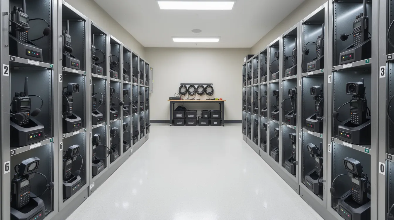 The image depicts a well-organized equipment room featuring rows of secure charging lockers designed for body cameras and radios, ensuring proper evidence management for law enforcement agencies. This setup supports officers in maintaining accountability and transparency by securely storing critical evidence like body camera footage and audio recordings.