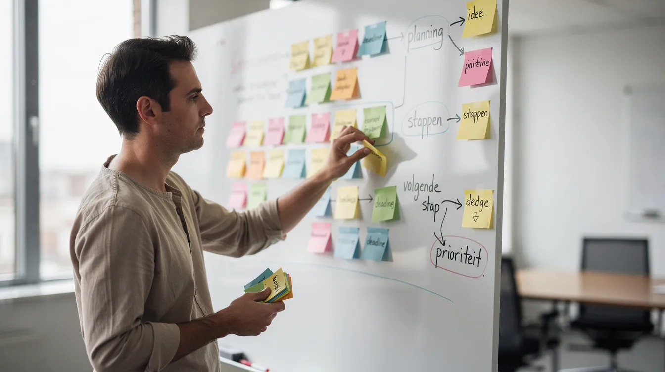 Een persoon plakt kleurrijke sticky notes op een whiteboard, dat vol staat met notities en pijlen die ideeën en strategieën weergeven. Deze activiteit kan onderdeel zijn van een marketingafdeling die werkt aan het positioneren van een merk in een competitieve markt.