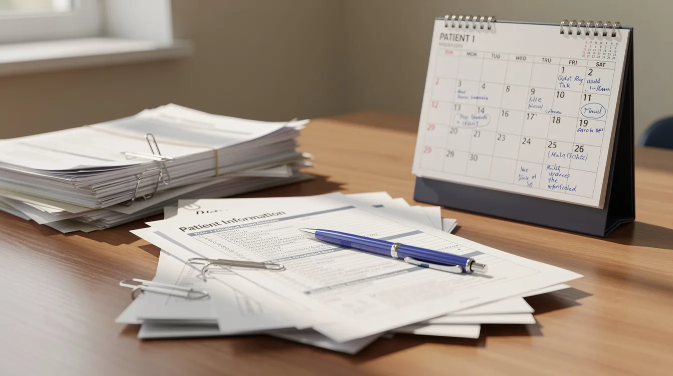 A cluttered desk displays a stack of paperwork and medical forms related to a workers compensation claim, alongside a calendar. This scene suggests the ongoing process of seeking medical treatment and managing the necessary documentation for injured workers pursuing benefits for workplace injuries.