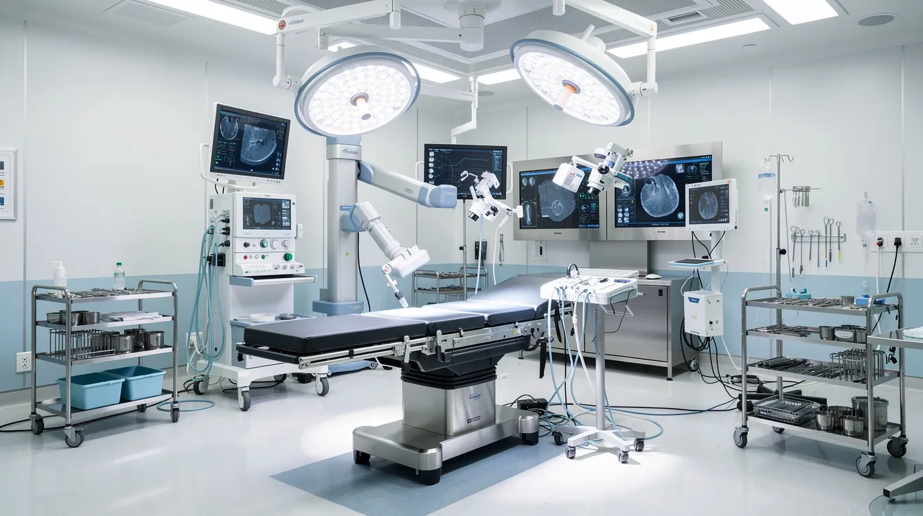 The image depicts a modern surgical theatre equipped with advanced medical technology, highlighting the importance of early lung cancer detection and treatment options. This setting represents the critical environment where lung cancer surgeries are performed, aiming to improve survival rates through accurate diagnosis and timely intervention.