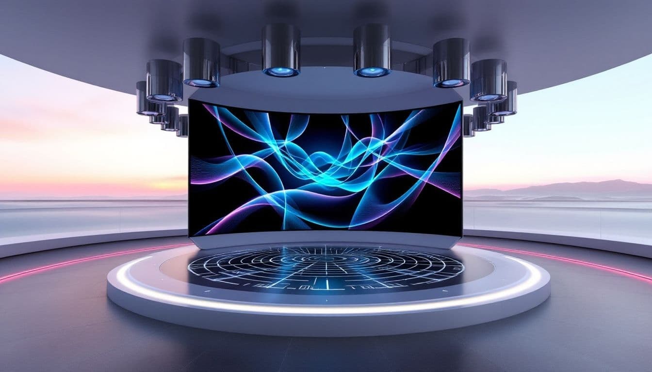 A visual representation of Dolby Atmos mixing with sound waves and speakers.