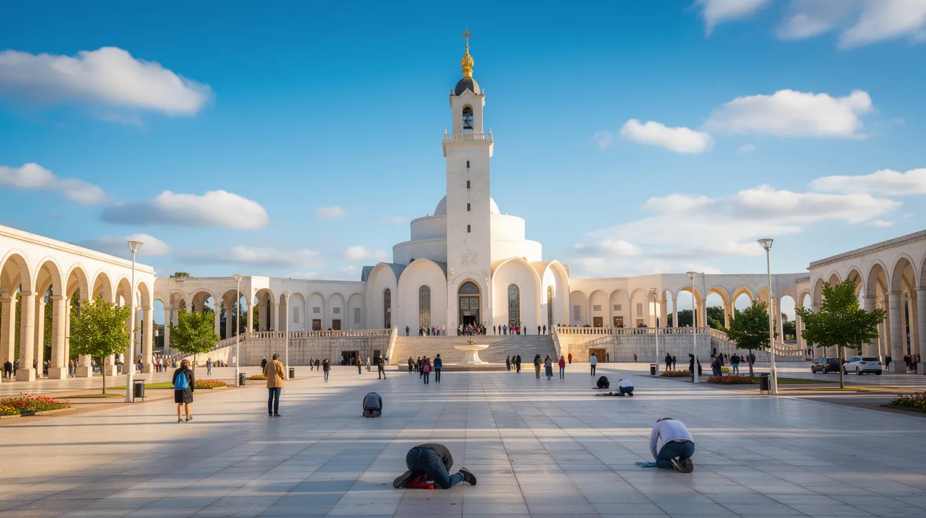 Imagem de Fátima, Portugal, mostrando a famosa Basílica de Nossa Senhora de Fátima, cercada por visitantes e um céu azul. A cidade é um importante destino de turismo religioso, repleta de tradição e história, atraindo pessoas de diversas partes do mundo.
