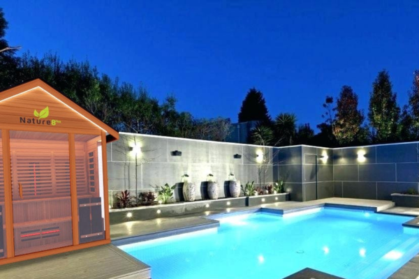 A picture of a sauna on a patio.