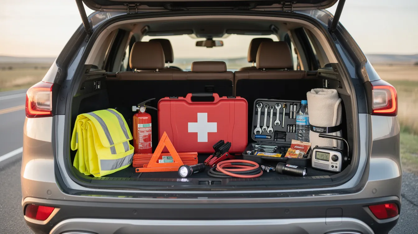 Imagen de un kit de emergencia para el auto que incluye varios artículos esenciales como linterna, guantes, cables de arranque y herramientas básicas. Este kit está diseñado para proporcionar ayuda en situaciones imprevistas en la carretera, asegurando la tranquilidad del conductor y los pasajeros durante el viaje.