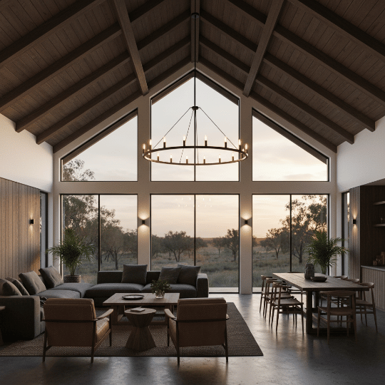 Large ring chandelier with candle-style lights hanging beneath a vaulted timber ceiling.