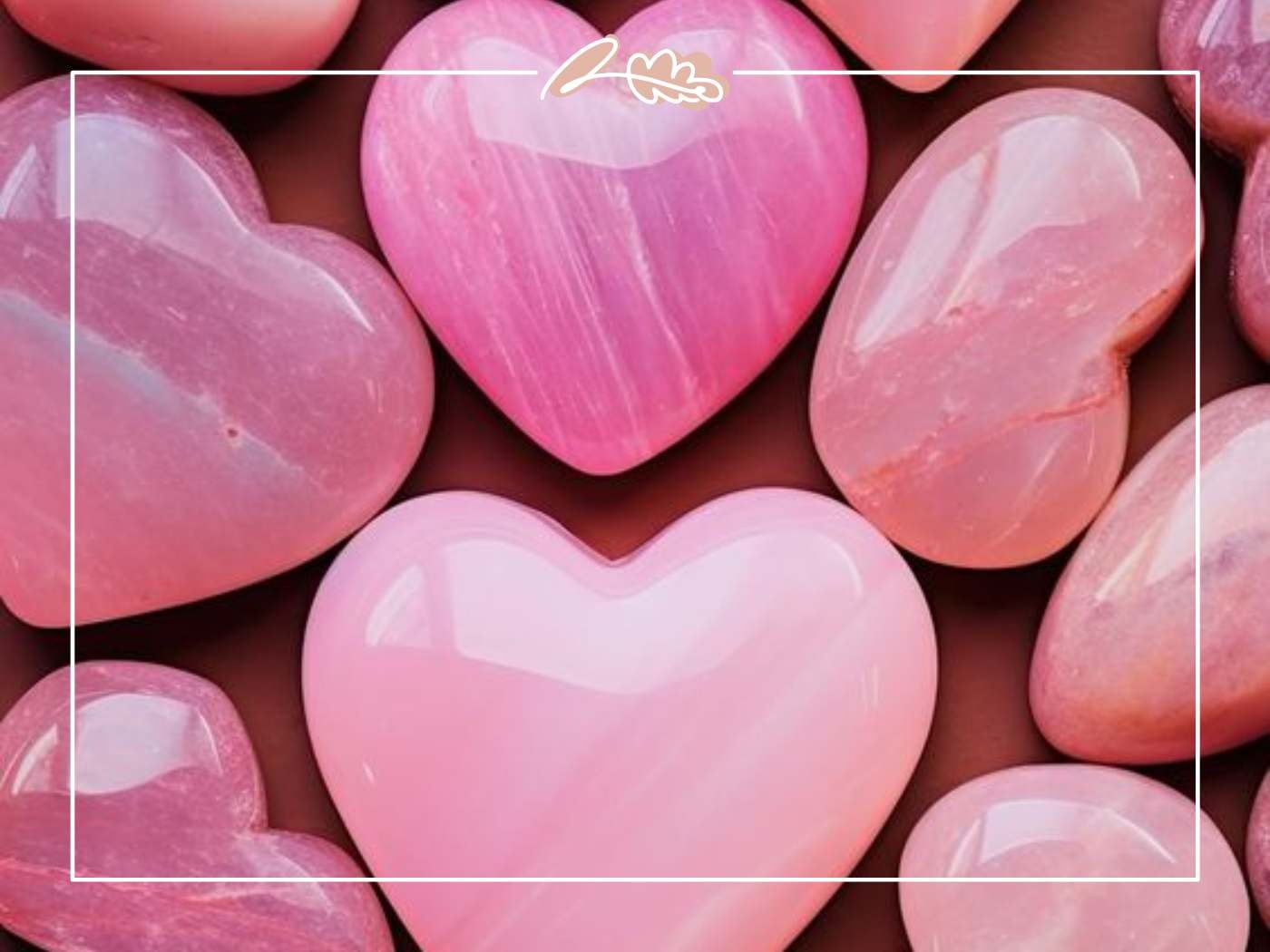 Close-up of polished rose quartz heart-shaped stones arranged together in soft pink tones.