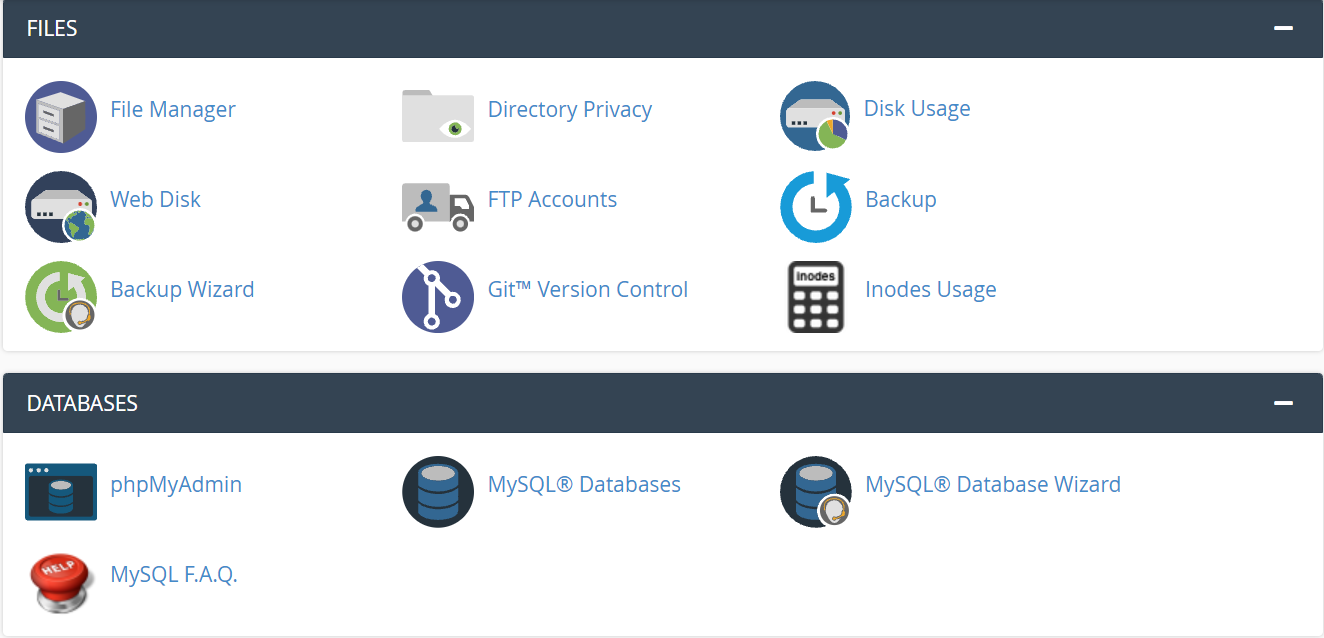Screenshot of cPanel Files and Database section 