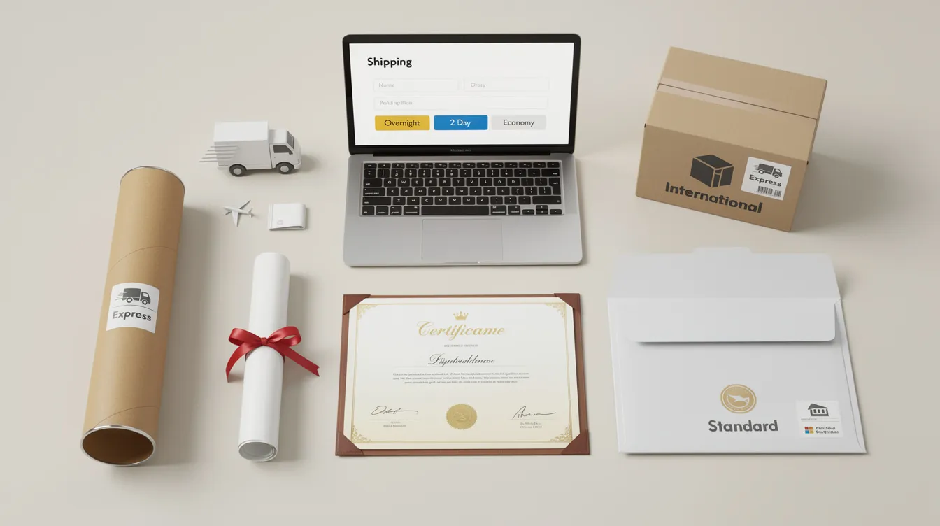 The image illustrates various shipping options for replacement diplomas, detailing the process for students to place a diploma order, including information on delivery times, costs, and required mailing addresses. It also highlights the importance of checking the status of the request with the registrar's office.