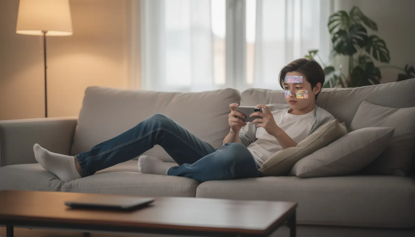 En person sitter avslappnat på en soffa och spelar ett mobilspel på sin smartphone, vilket ger en känsla av avkoppling och nöje. Det kan vara ett casino-spel med slots eller andra gaming-alternativ som ger en underhållande upplevelse.