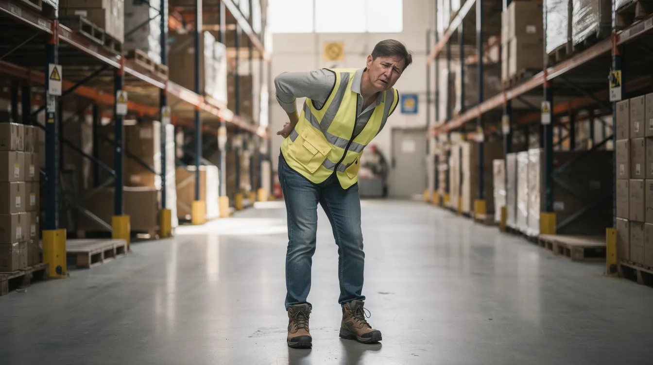 A person stands in a warehouse setting, visibly holding their lower back in discomfort, which may indicate issues such as degenerative disc disease or chronic back pain. This scene reflects the challenges faced by individuals with spinal disorders, potentially impacting their ability to perform substantial gainful activity and qualify for social security disability benefits.