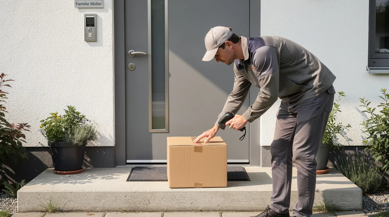 Ein Paketbote steht an einer Haustür und übergibt ein braunes Paket, während er freundlich lächelt. Das Paket könnte Artikel wie Trikots oder andere Sportbekleidung von sportdeal24 enthalten, die für viele Kunden eine günstige Lösung im Preis-Leistungs-Verhältnis bieten.