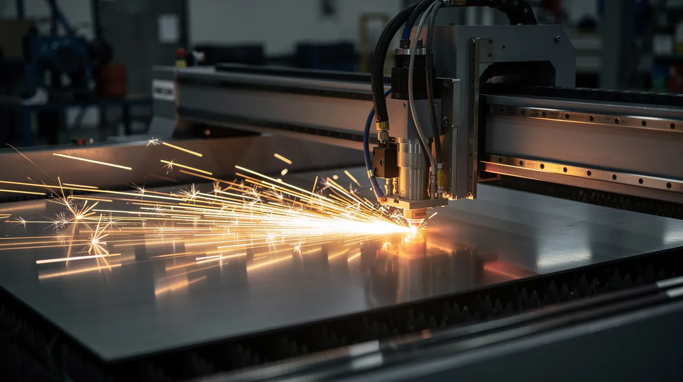 The image depicts a fiber laser cutting machine in action, producing bright orange sparks as it precisely cuts through a sheet of metal, highlighting the advanced technology used in custom sheet metal fabrication. This showcases the capabilities of precision sheet metal fabrication companies, emphasizing high precision and quality control in the metal fabrication process.