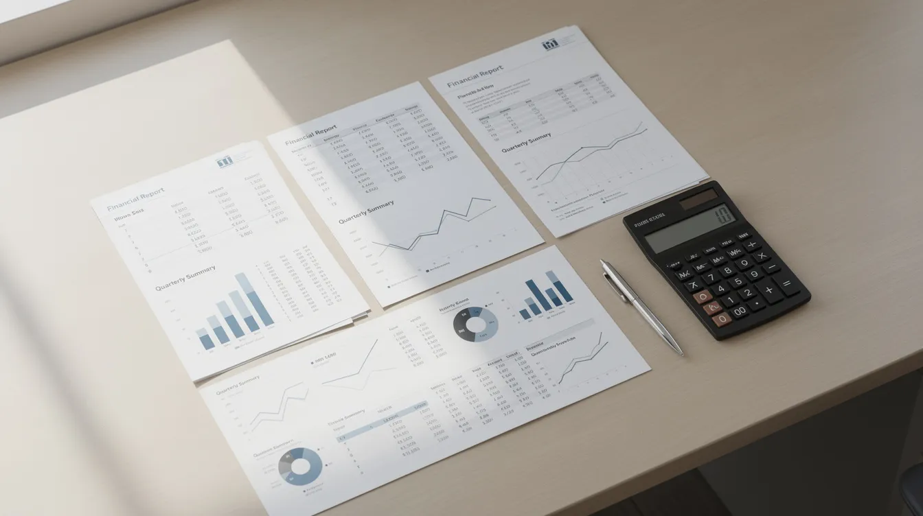0641c437 708f 4723 81d6 f2a0ef797d94 The image shows a clean desk with neatly organized financial documents alongside a calculator, symbolizing the importance of maintaining a clear business plan and good credit score for loan approvals. This setup reflects the meticulous preparation required for small business owners seeking a mudra loan or other financing options.