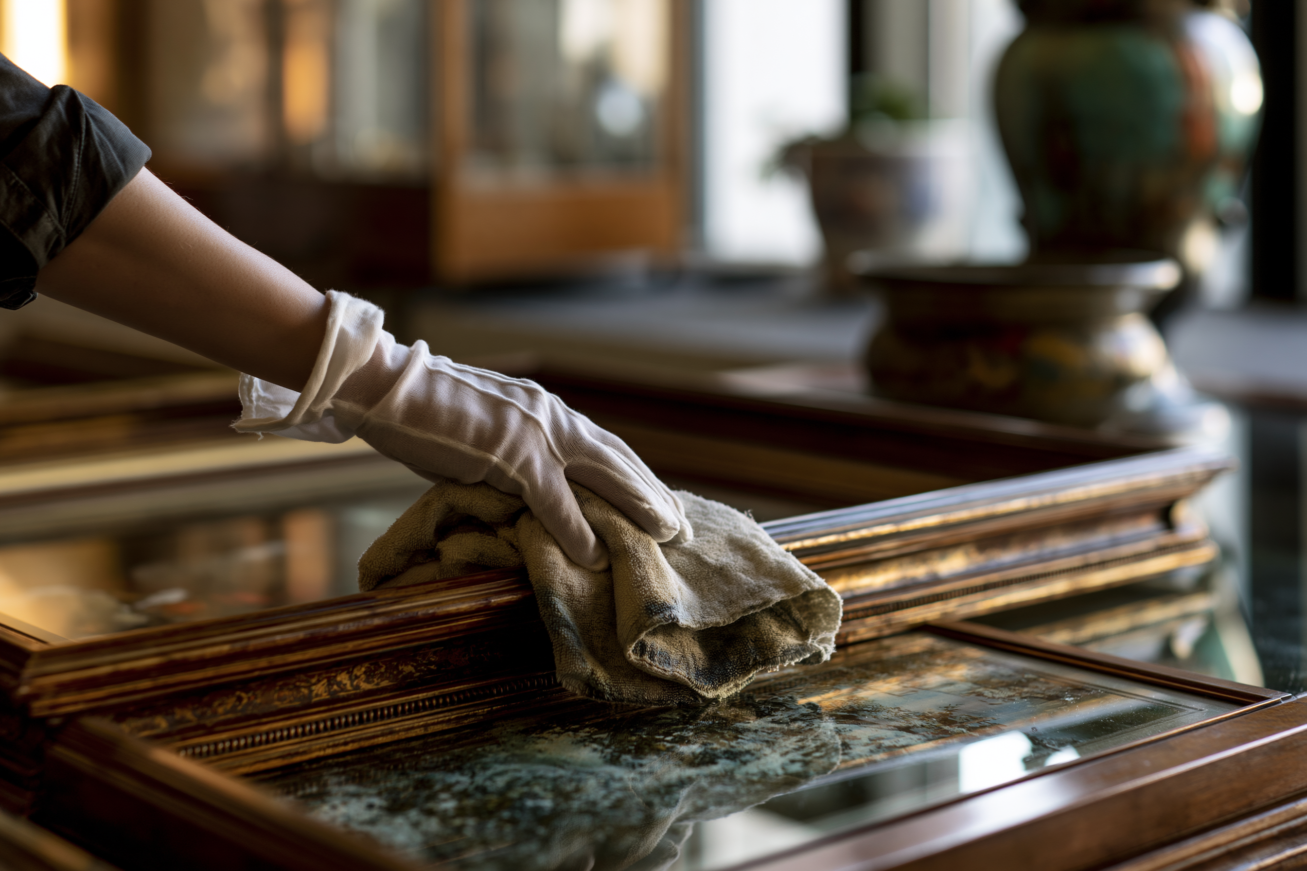 A hand wearing cotton gloves gently dusts an elegant wooden picture frame with a soft cloth, ensuring the preservation of fine art prints inside. This careful handling helps protect the original artwork from dust and potential damage caused by light exposure and humidity.