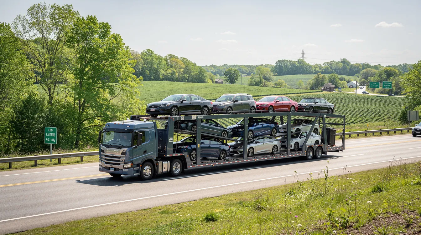 A multi-car carrier truck is driving along a highway, flanked by lush green fields typical of the Maryland countryside. This scene captures the essence of auto transport in Maryland, showcasing the efficiency of car shipping services as vehicles are securely transported to their destinations.