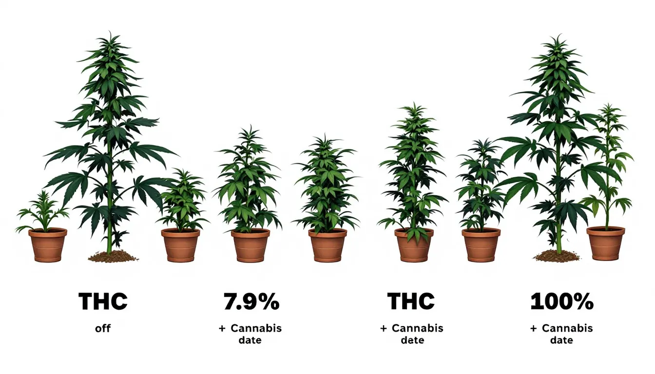 An illustration showing various cannabis plants with different THCA percentages.