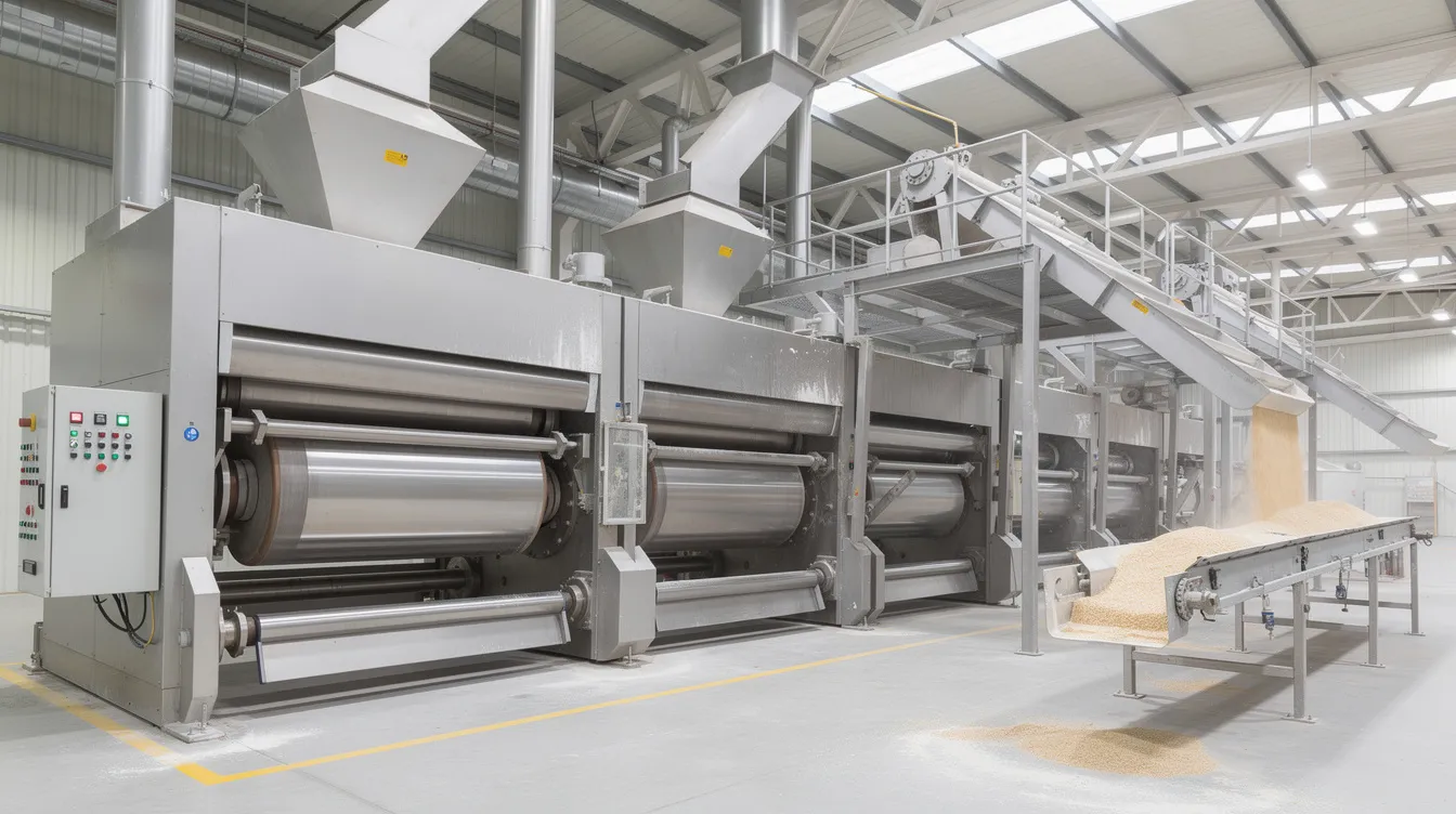 0645c1cc a296 4af8 81ed 5bc080345aea The image shows industrial roller flour mill machinery inside a wheat processing factory, featuring metal rollers and conveying equipment essential for producing flour. This setup highlights the advanced machinery used in flour mills and besan plants in India for efficient processing of wheat into various products.