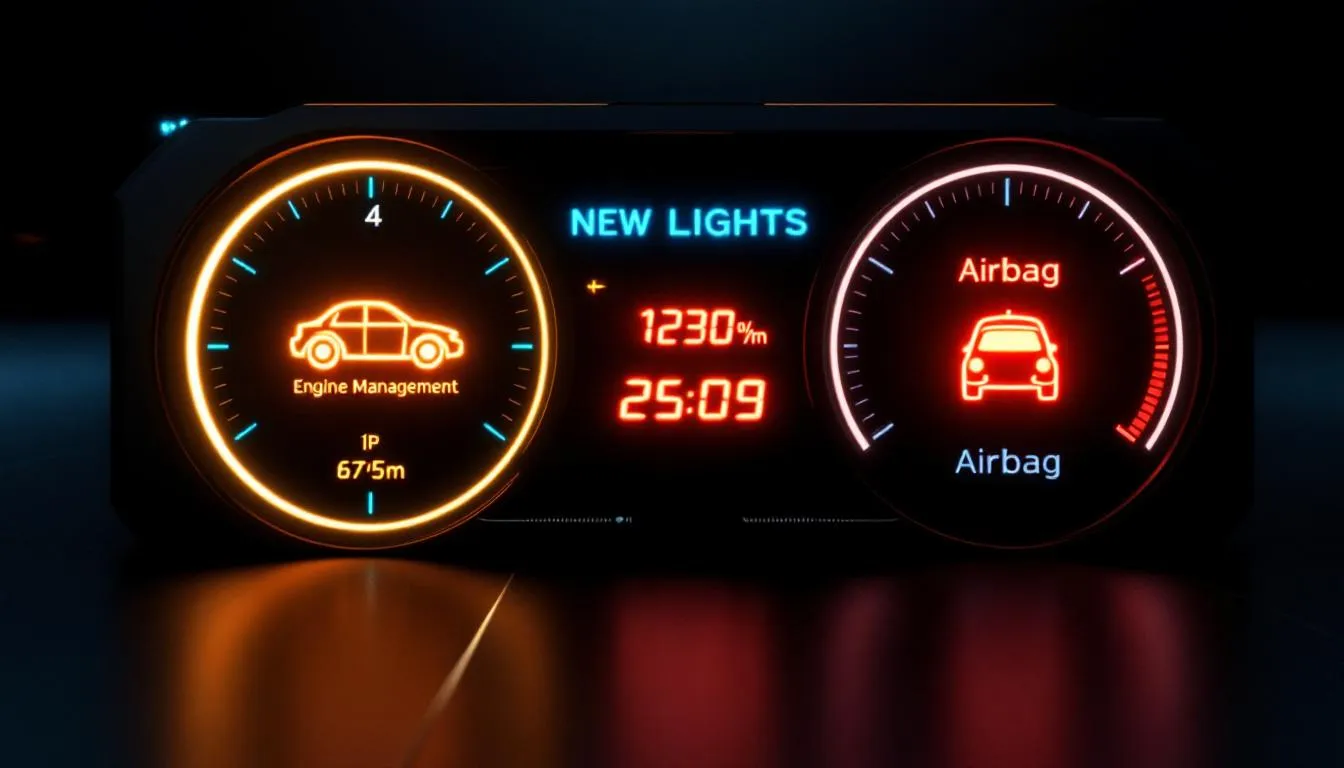 A graphic representation of serious BMW warning lights, including the engine management light and airbag warning light.