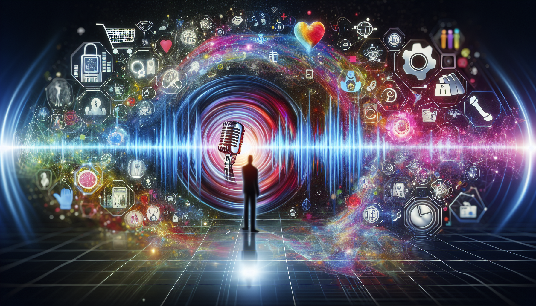 A creative representation of tailored AI voices used in marketing and advertising, highlighting the interaction between AI technology and human voice actors.