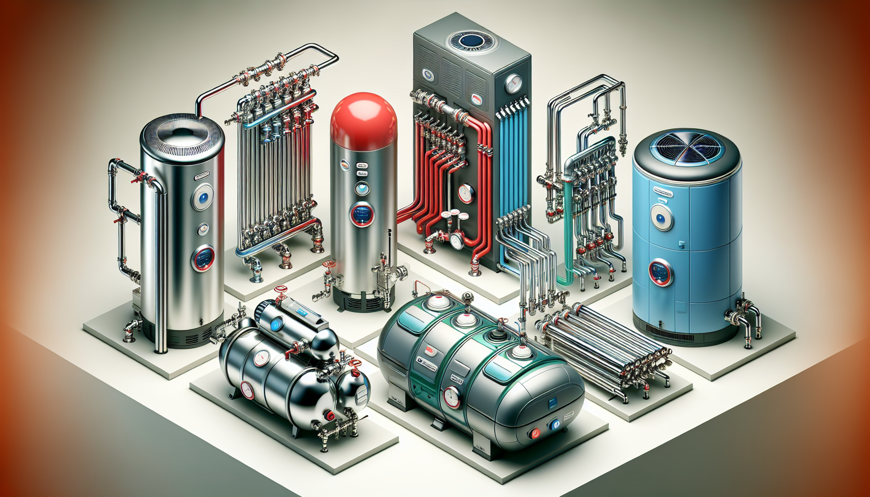 Variety of hot water systems - electric, gas, solar, and heat pump