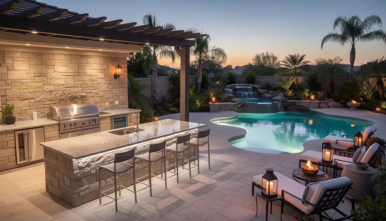 The image showcases a stunning outdoor kitchen featuring custom stone work and professional appliances, set against a resort-style swimming pool. This luxurious outdoor living space is designed for entertaining guests and enjoying a comfortable outdoor lifestyle, complete with a fire pit and inviting seating areas.