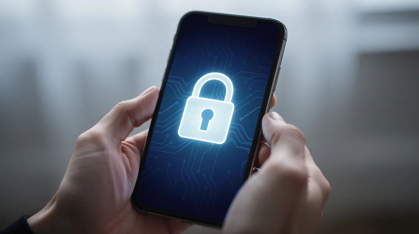 A close-up image shows a person's hands holding a smartphone, which displays a secure padlock icon on the screen, symbolizing safety in online transactions. This visual emphasizes the importance of security in financial technology, particularly in the context of網上貸款 and personal data protection.