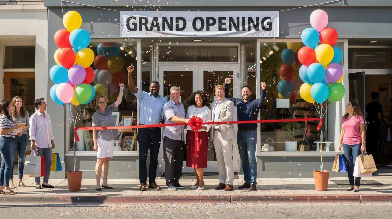 A small business team is joyfully celebrating their grand opening, surrounded by colorful balloons and enthusiastic customers. This vibrant scene highlights the excitement of launching a new franchise opportunity, showcasing the potential for success in the franchise industry.