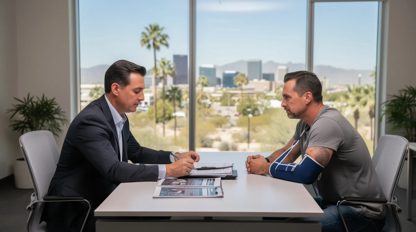 In a modern office with large windows showcasing a desert city skyline, a Phoenix personal injury lawyer is seated across from a car accident victim, reviewing medical records and documents. The professional setting highlights the serious nature of car accident cases, as the lawyer provides legal guidance to the client regarding their rights and potential compensation for medical bills and lost income.
