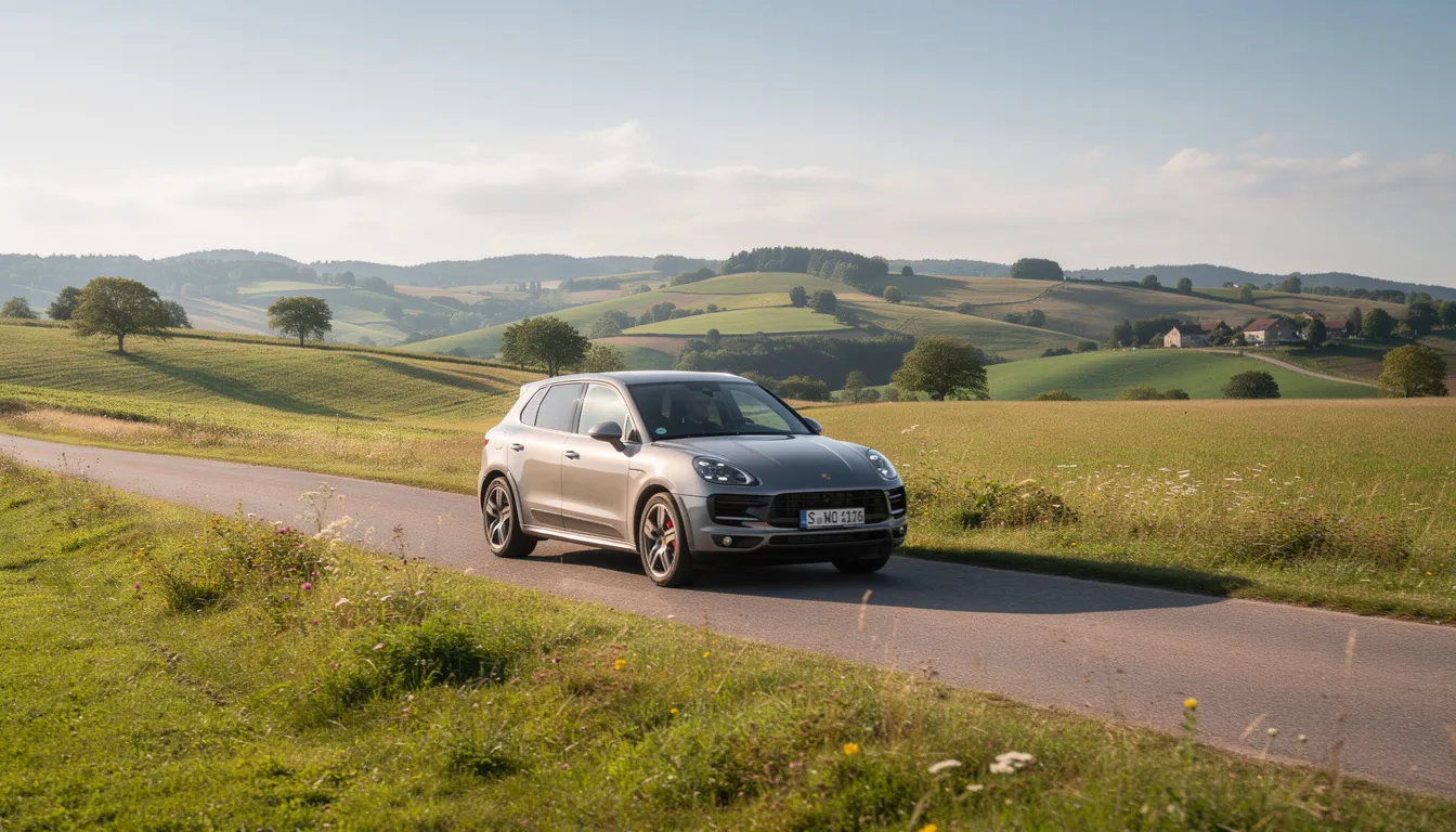 Une voiture compacte roule sur une route de campagne ensoleillée, entourée de collines verdoyantes à l'arrière-plan, illustrant une belle escapade en location de voiture. Ce paysage pittoresque évoque des trajets relaxants, parfaits pour profiter d'un kilométrage illimité lors de vos voyages.