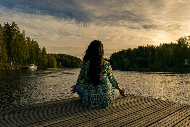 yoga, woman, lake