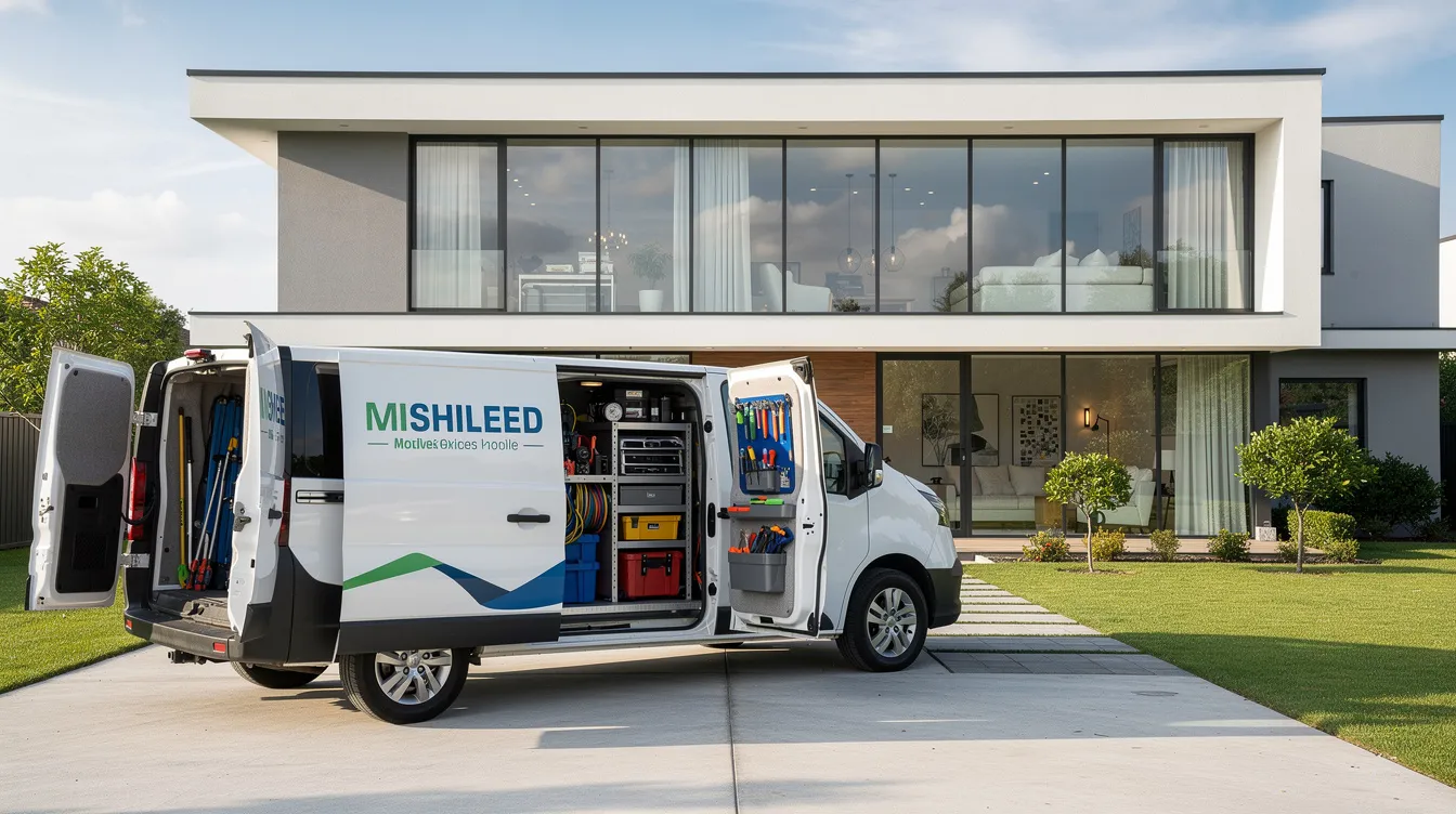 A mobile service van equipped with various tools is parked outside a modern residential home featuring large windows, indicating a focus on home services. This setup reflects the scalable franchise model, emphasizing efficient operations and strong customer service protocols within the local market.
