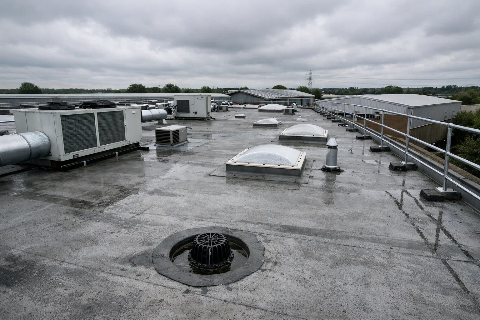 Commercial flat roof installation on a UK industrial building showing drainage systems and rooftop equipment.