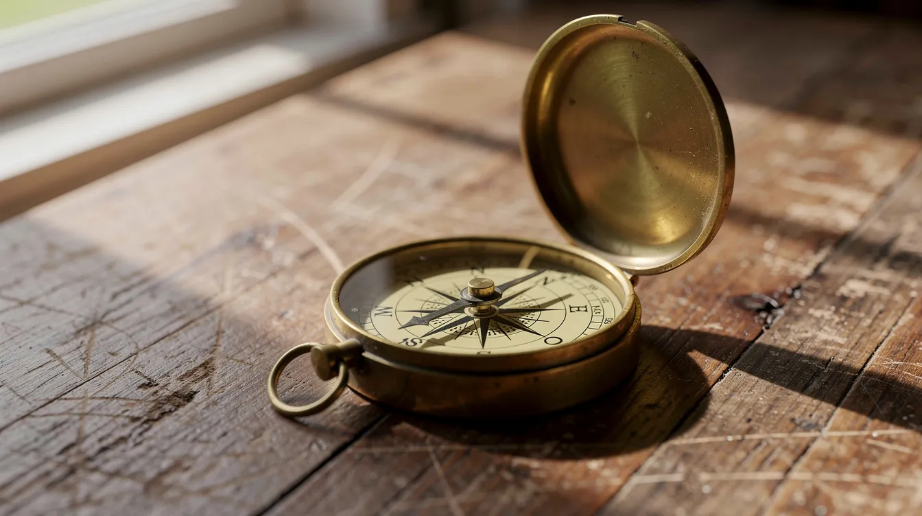 Une boussole est posée sur une table en bois, baignée par une lumière naturelle douce. Cet objet symbolise la recherche de direction et d'identité, essentiel pour suivre ses valeurs dans sa vie professionnelle et prendre des décisions éclairées dans sa carrière.