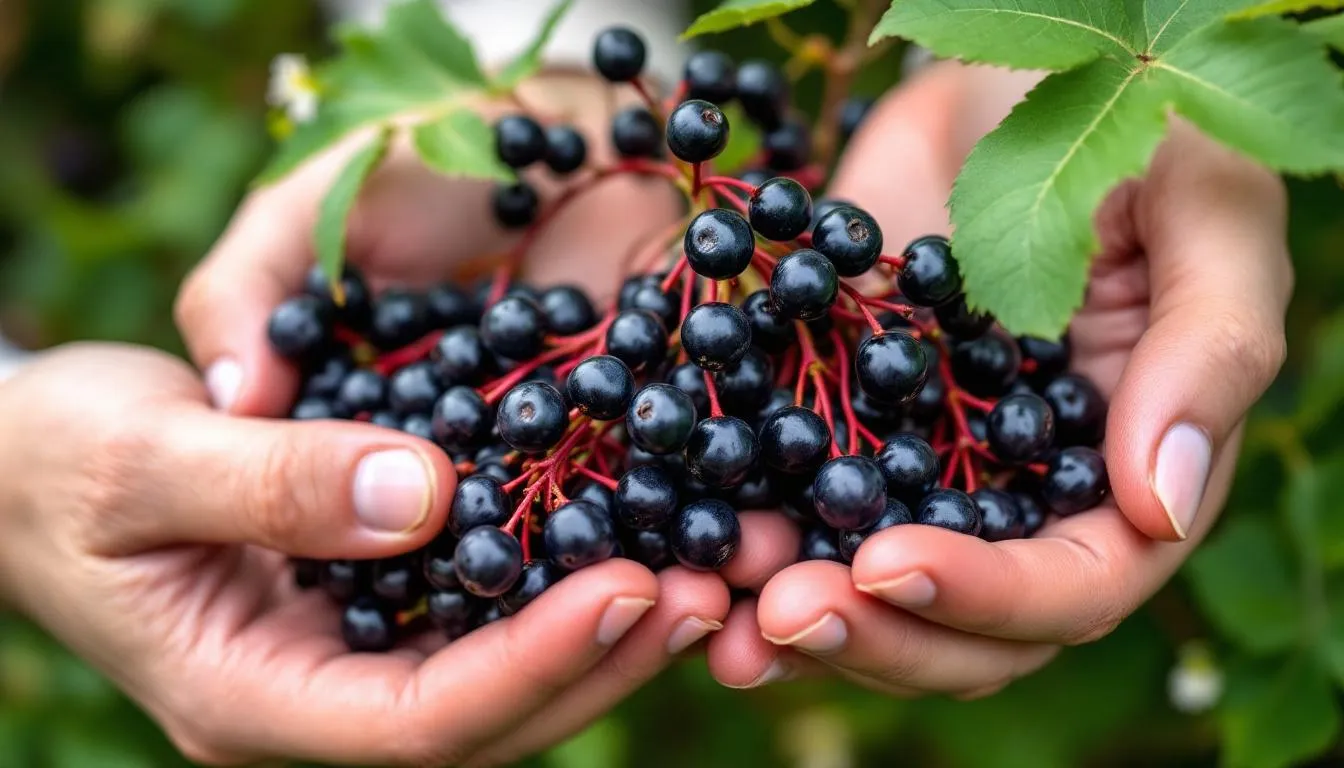 In the image, hands are shown closely harvesting very ripe elderberries, characterized by their dark purple color and red stems, from an elderberry shrub. The scene captures the essence of the growing season, highlighting the edible fruit of the sambucus nigra plant, which is often enjoyed fresh or used in various health-related recipes.