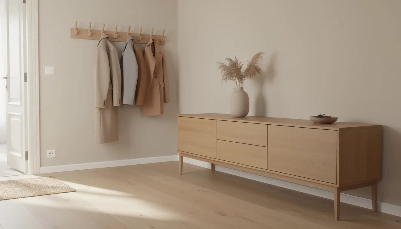 De afbeelding toont een overzicht van een hal met een ondiep dressoir en een wandkapstok waarop jassen in neutrale tinten hangen. De sfeervolle verlichting en de grote spiegel creëren een uitnodigende sfeer in deze opgeruimde hal, perfect voor een warme eerste indruk.