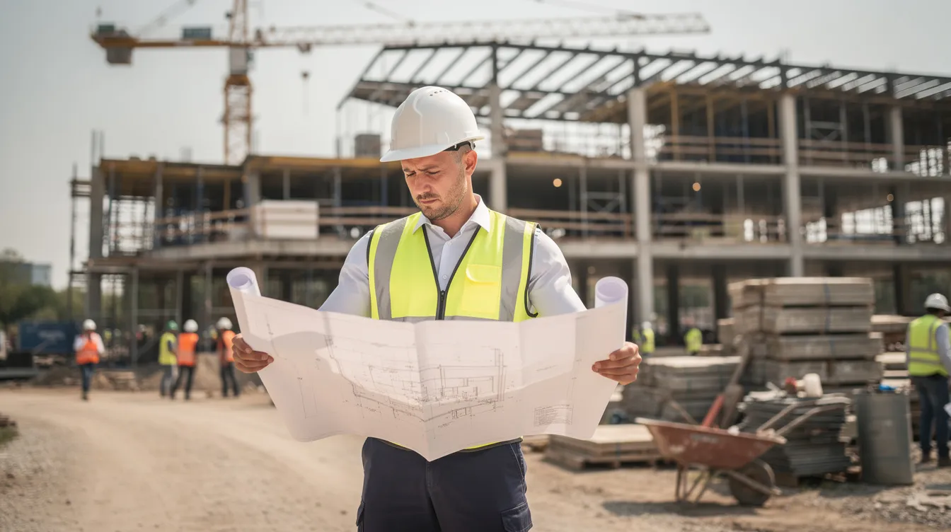 An architect is seen carefully reviewing blueprints on a construction site, surrounded by building materials and equipment, emphasizing the strategic direction required for successful project execution. This scene highlights the importance of clear planning and oversight in achieving business objectives within the construction industry.