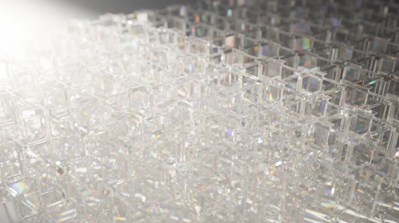 La imagen muestra un conjunto de prismas de cristal interconectados que reflejan la luz formando un intrincado patrón, lo que simboliza la complejidad de la gestión de la cartera de marcas y las relaciones entre las distintas marcas dentro de un marco estratégico. Esta representación abstracta pone de relieve la importancia de la arquitectura de marca y de una estrategia de cartera eficaz para maximizar la cobertura del mercado y potenciar el valor de marca.