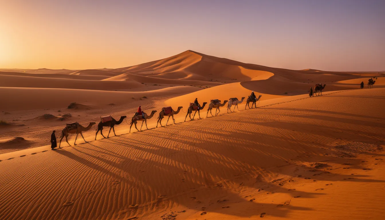 A camel caravan traverses the golden sand dunes of Erg Chebbi at sunset, casting dramatic shadows against the vibrant landscape, embodying the essence of a unique desert experience in Morocco. This scene captures the beauty of the Sahara Desert, perfect for those exploring Marrakech tours and seeking adventure in the Moroccan culture.