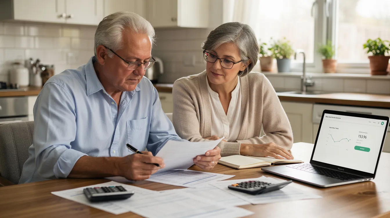 A retired couple sits together at a kitchen table, reviewing financial paperwork related to their retirement plan and benefits. They appear focused and engaged as they discuss their expenses and contributions, ensuring they understand their options for receiving payments and managing their future financial needs.