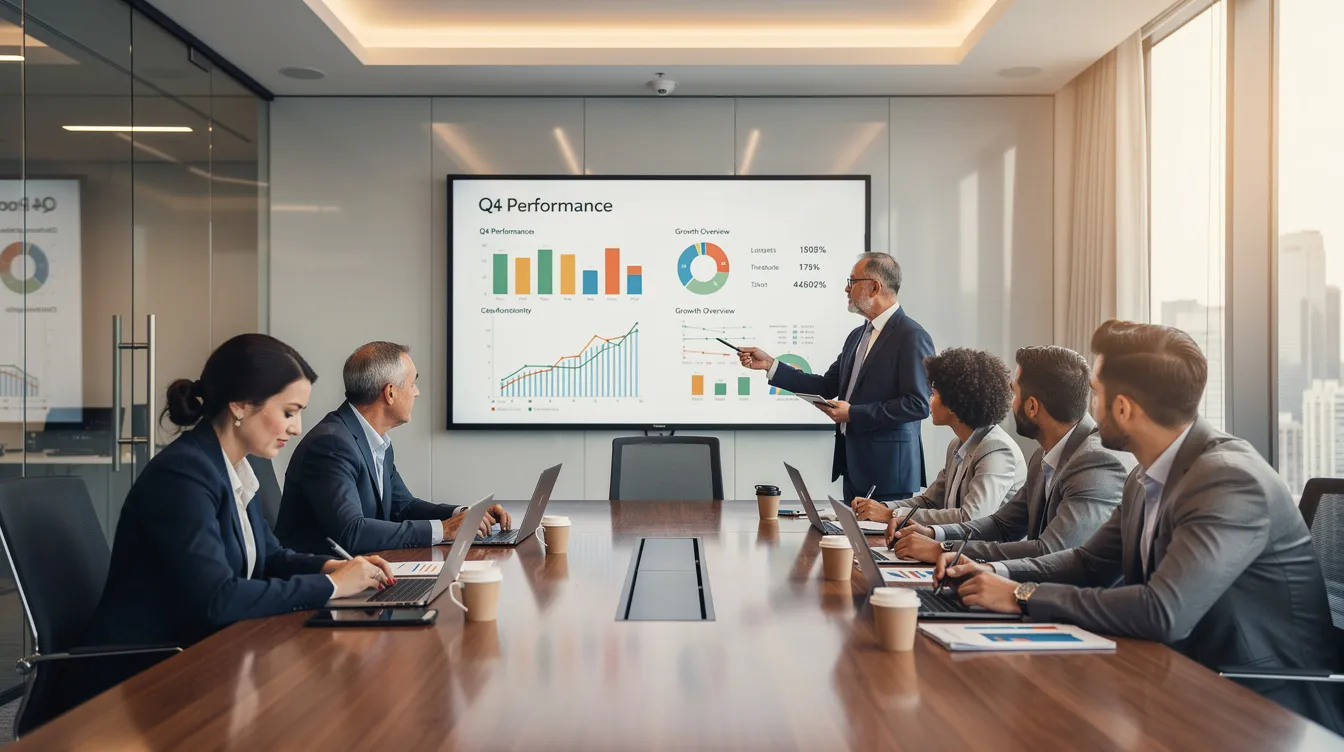 A professional team is gathered in a modern conference room, actively reviewing a data presentation displayed on a large screen, which features impressive visualizations such as line and pie charts. They are engaged in data storytelling, analyzing complex data to uncover key insights and create a compelling narrative that will inform decision-making.