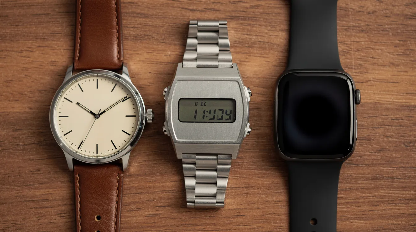 The image features three distinct watch styles displayed side by side on a wooden surface, showcasing an analog watch, a digital watch, and a smartwatch. This arrangement highlights the variety of options available for users, catering to different preferences and needs in wearable technology.
