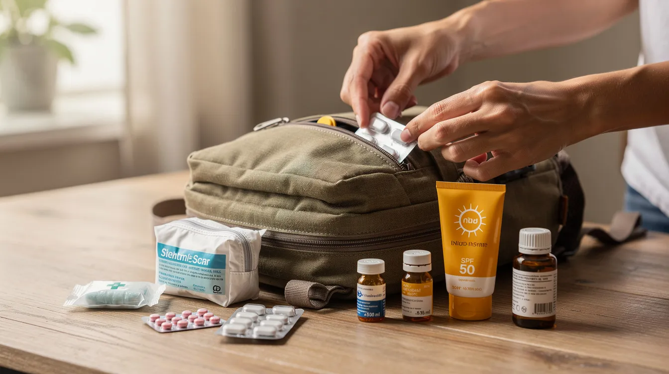 A traveler is seen packing essential items, including prescription medication and sunscreen, next to a small backpack, preparing for a trip to Morocco. This highlights the importance of a healthy travel packing list that includes over-the-counter medicines and a basic first aid kit for adequate medical care during the journey.