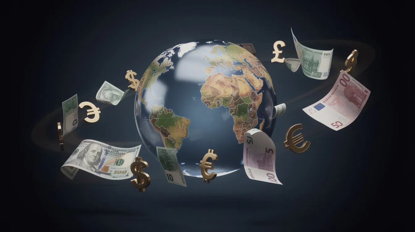 The image depicts a globe surrounded by various currency symbols and banknotes floating in the air, symbolizing international payments and money transfers across different currencies. This visual emphasizes the concept of managing money through services like Wise and Starling, highlighting the importance of exchange rates and foreign transaction fees in global financial transactions.