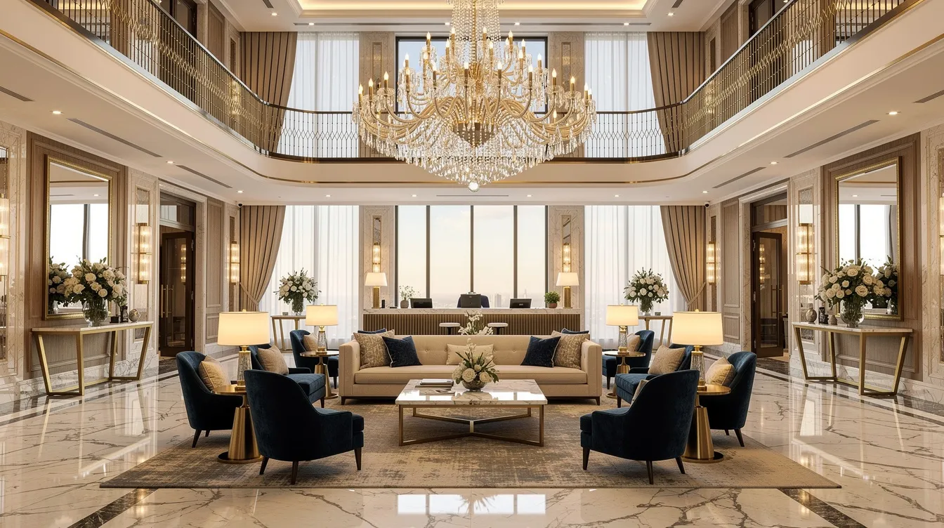 The image depicts a grand luxury hotel lobby featuring gleaming marble floors, an ornate chandelier, and an elegant seating area designed to enhance guest experience. This opulent space reflects the high standards typical of luxury hotels, showcasing the investment in quality materials and sophisticated design.